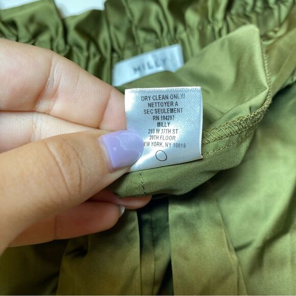 MILLY Kori Paperbag Gathered Waist Wide-Leg Satin Trouser Pants Olive Green M - Picture 13 of 13